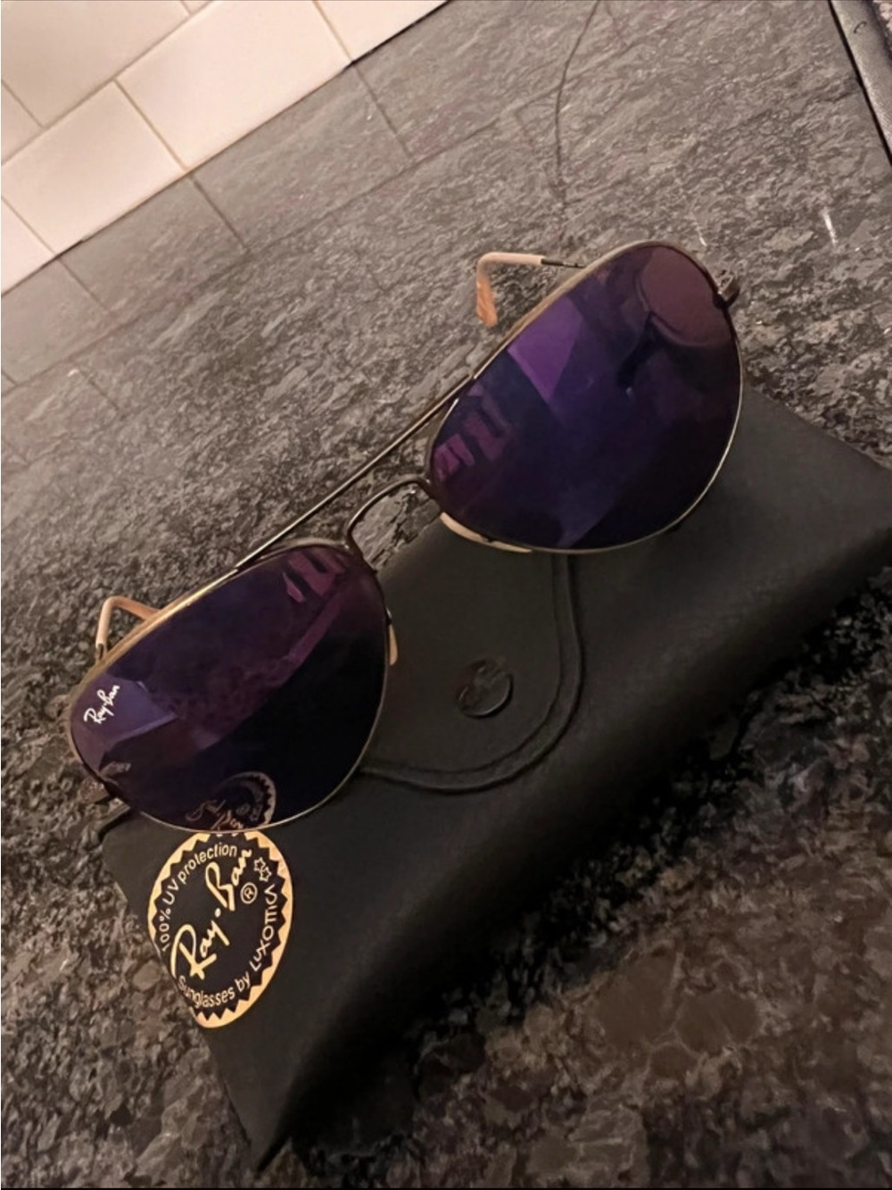 Ray-Ban Aviator Sunglasses with Purple Lenses and Gold Frame